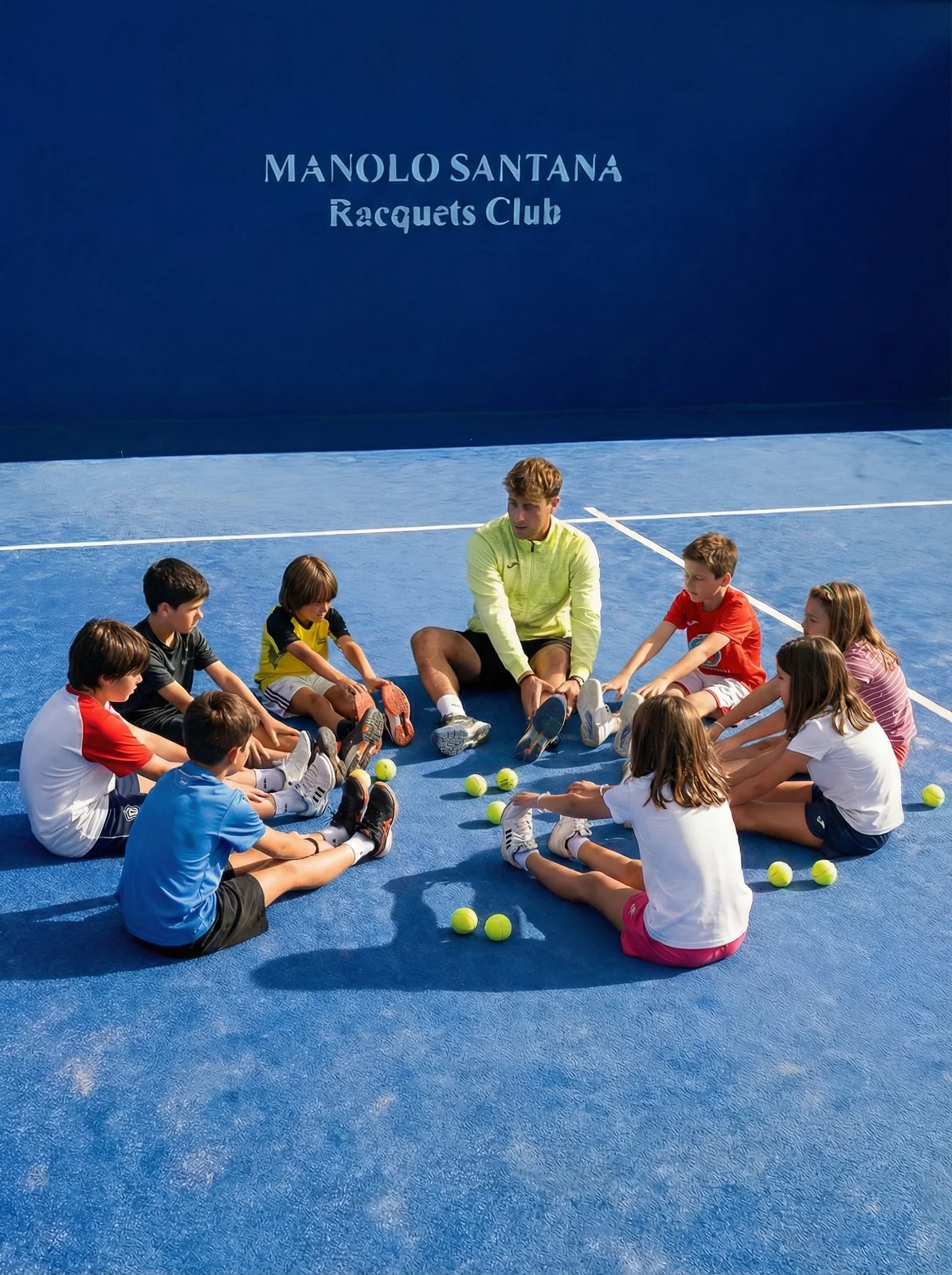 Coach sitting in a circle with his pupils on court
