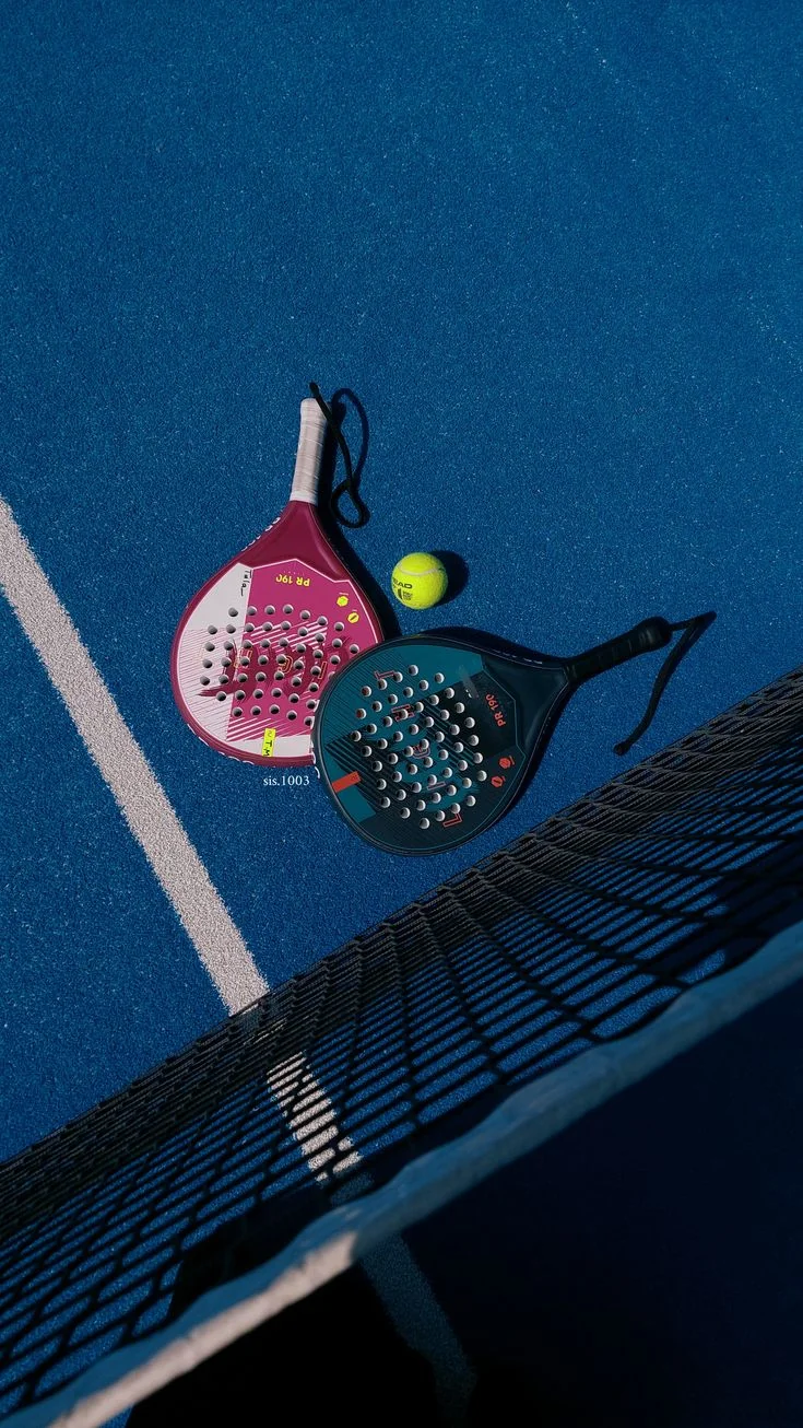 Two rackets and a ball on the court, by the net